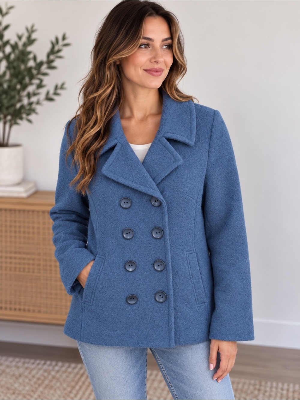 Carson 100% Wool Blue Double Breasted Peacoat Jacket Size Large